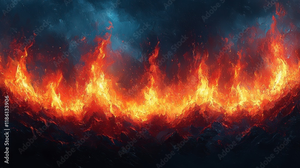 Fiery inferno flames burning intensely against dark stormy sky. Fiery inferno flames burning intensely against dark stormy sky.