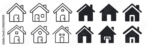set of house icons, black and white home icons set silhouette vector