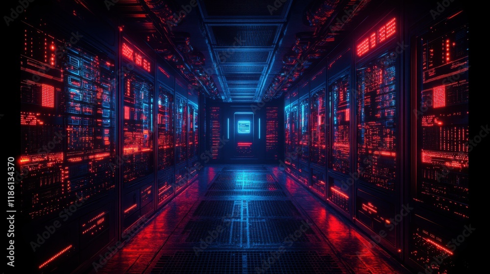 Futuristic Server Room Neon Lights Technology. Futuristic Server Room Neon Lights Technology.
