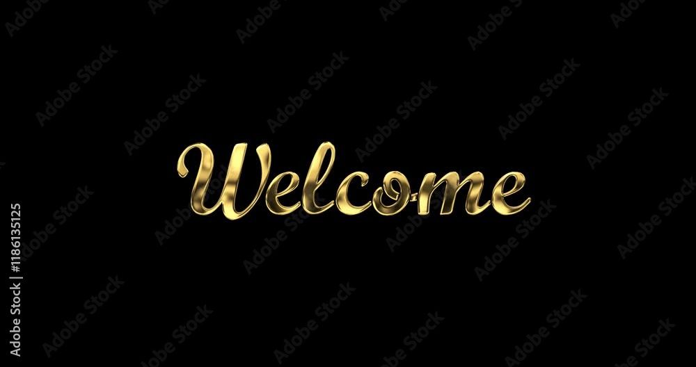 Welcome animation sign in gold color with alpha matte. handwritten text calligraphy with alpha channel. Luxury welcome text animation on transparent background