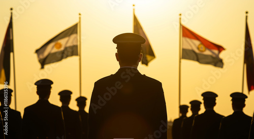 Soldiers, flags and military in outdoors at sunset, for army, patriotism and memorial day event. Men, group and silhouette at honor ceremony, veteran celebration or respect in base photo