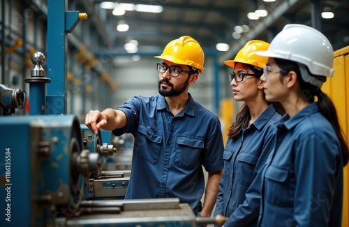 Asian male foreman guides two female trainee engineers in factory. Shows factory machine details. Training session in industrial manufacturing business. Teamwork, safety procedures important.