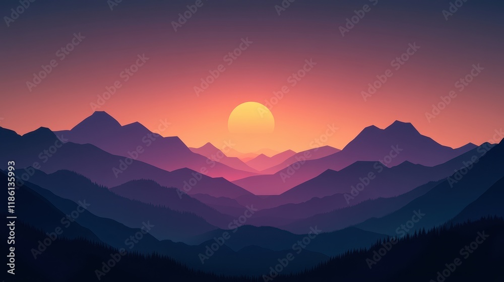 Obraz premium Sunset over a Mountain Range with a Silhouetted Forest