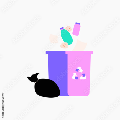 Recycling bin with overflowing trash symbolizing waste management, environmental protection, and recycling efforts, flat vector illustration for eco friendly themes and waste reduction