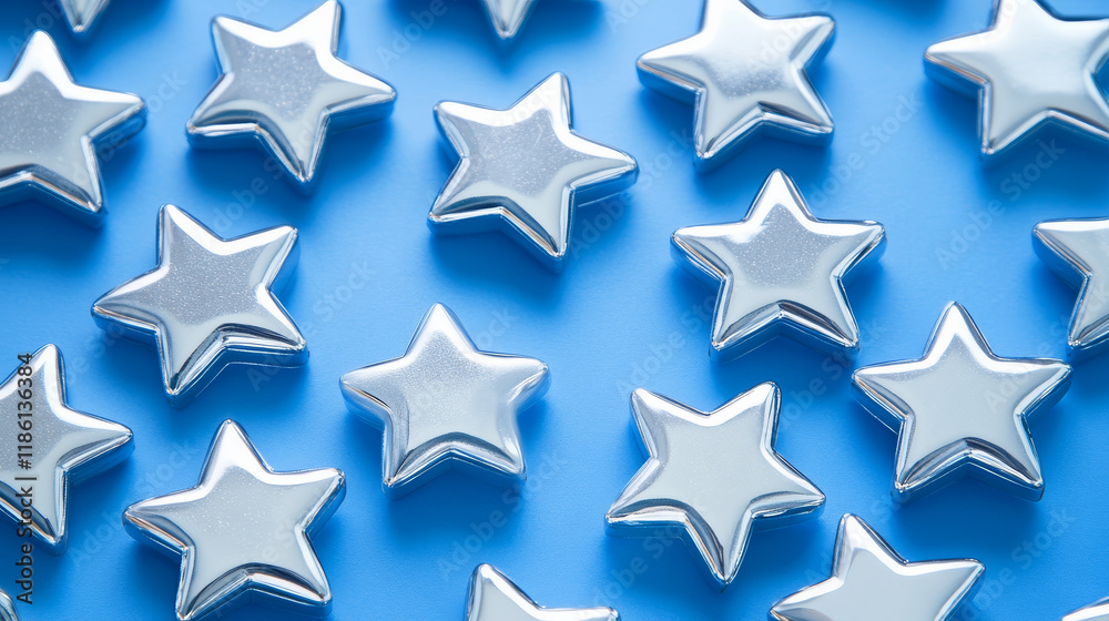 Silver game rank stars set isolated on blue background. Vector cartoon illustration of sparkling gray icons, symbols of score points, ranking progress reward, military buttons, gui design elements Silver game rank stars set isolated on blue background. Vector cartoon illustration of sparkling gray icons, symbols of score points, ranking progress reward, military buttons, gui design elements