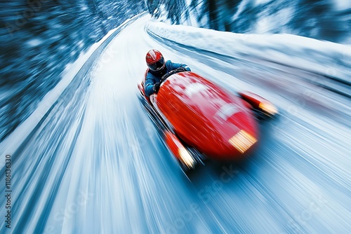 A bobsled racing down an icy track, the sled a blur as it navigates sharp turns