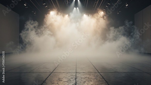 Ethereal mist swirls in a spacious room with polished concrete floors bathed in soft golden light