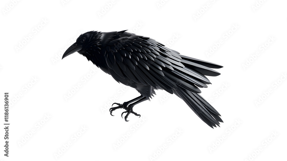 Fototapeta premium Raven metallic 3D image of black raven on white background. Generative AI
