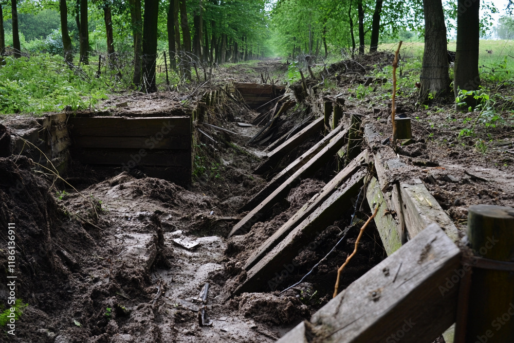 Trench remnants in a forested area reflect past conflicts Trench remnants in a forested area reflect past conflicts