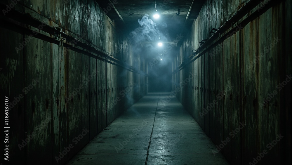Fototapeta premium Ethereal industrial corridor with rusted walls concrete floors and mysterious smoke evoking suspense