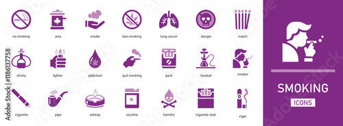 Smoking vector icon set. with  man smoking, lighter, lung cancer, ashtray, addiction, smoke and more solid collection