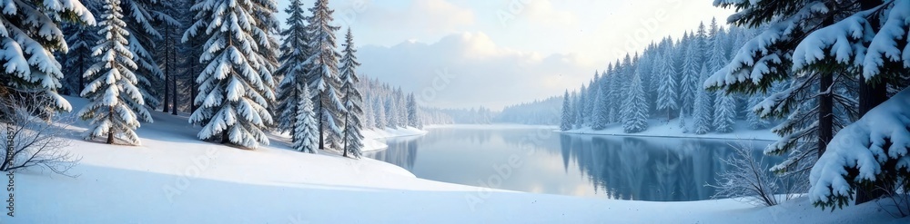 Obraz premium Snow-covered forest with trees and a frozen lake in the background, winter, woodland