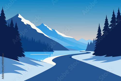 Stunning Winter Landscape : Frozen lake beside a forest road