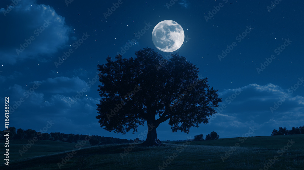 Fototapeta premium Lone tree under a full moon in a starry night sky