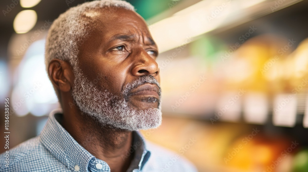 Senior man focused on selecting items in a grocery store aisle, contemplating his choices amid various options available Senior man focused on selecting items in a grocery store aisle, contemplating his choices amid various options available