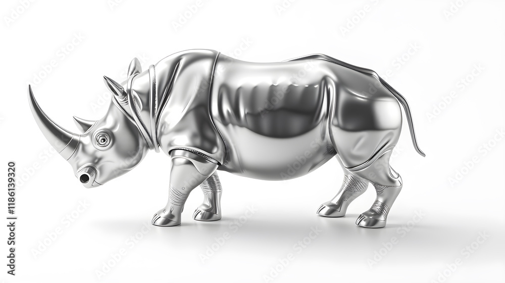 Fototapeta premium Rhino metallic 3D image of silver rhino on white background. Generative AI
