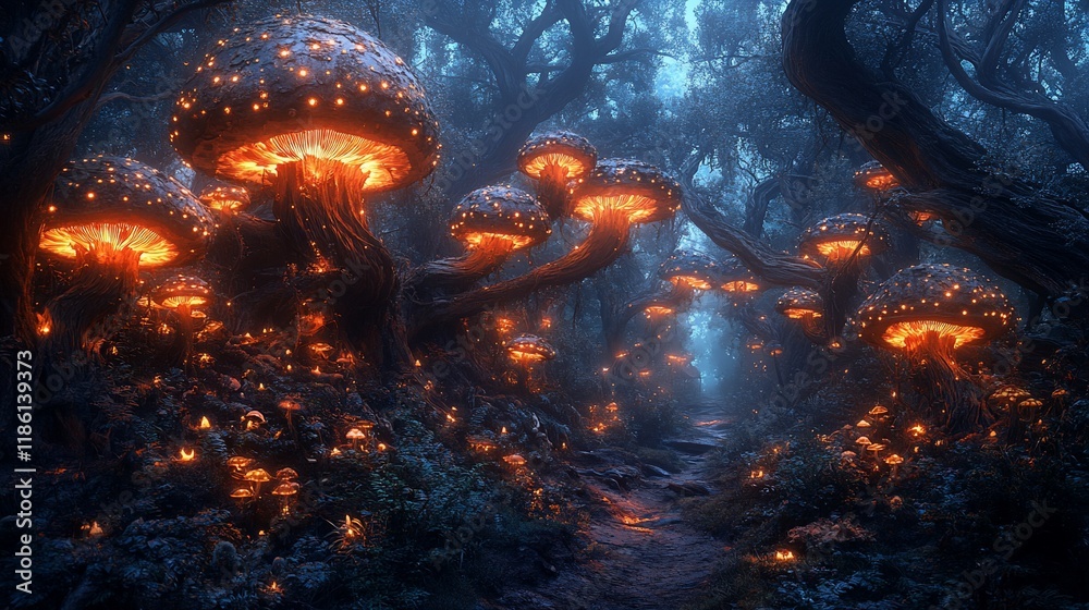 Naklejka premium Glowing mushrooms illuminate a mystical forest path.
