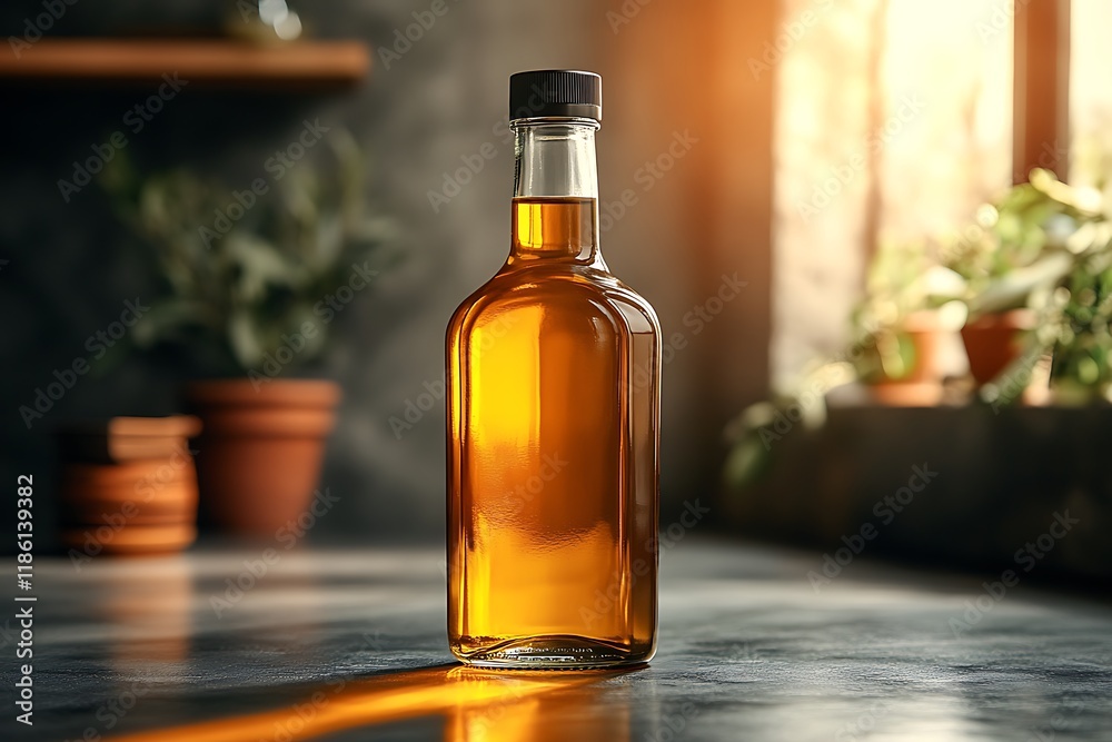 A bottle of golden oil basks in the warm sunlight on a rustic kitchen counter. A bottle of golden oil basks in the warm sunlight on a rustic kitchen counter.