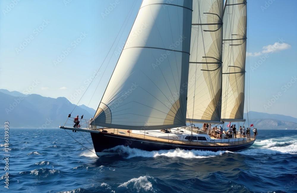 Fototapeta premium Large sailboat sails in open sea near mountains. Many people on deck of boat. Sunny day. Classic sailing boat. Water azure blue. Boat moves quickly. Sea breeze. Nautical theme. Sea adventure. Summer