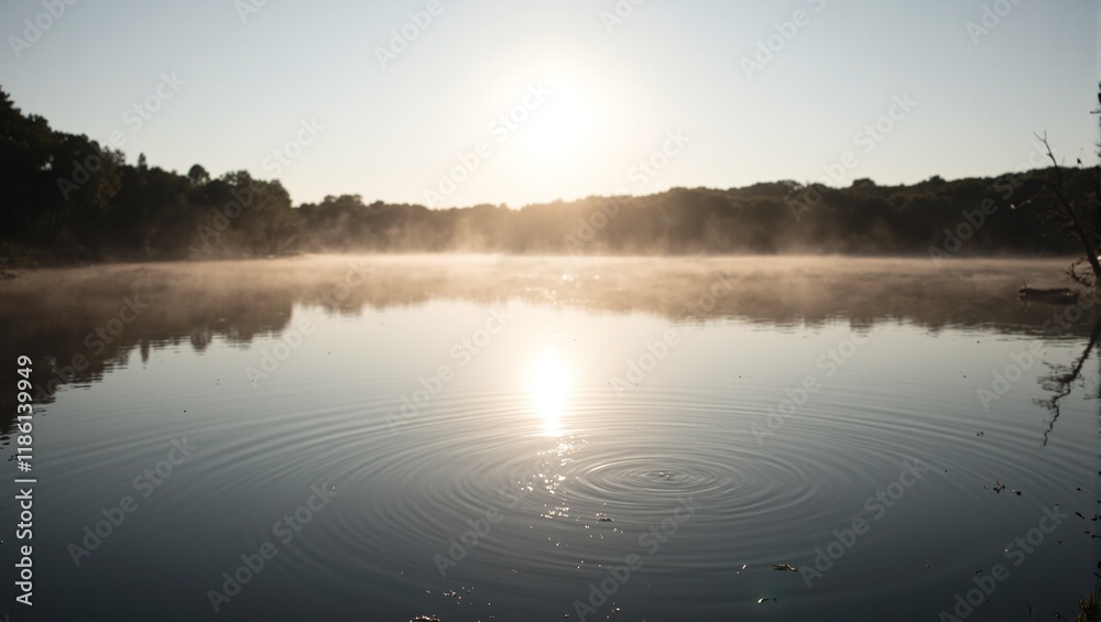 Fototapeta premium Tranquil morning scene with sunlit lake and gentle ripples evoking serenity