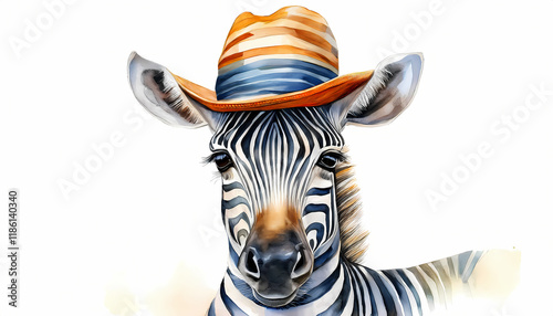 zebra in a colorful hat isolated on white background art design