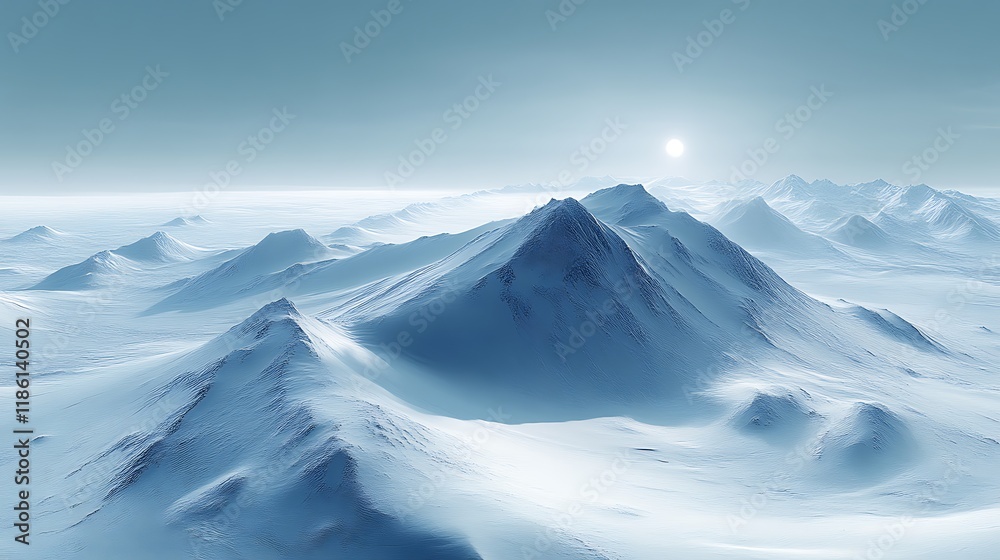 Serene snow-capped mountains at sunrise.