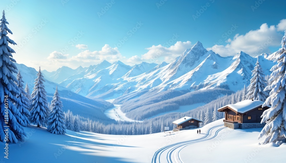 Snowy alpine landscape displays snow covered mountains with wooden chalets nestled in valley. Winter wonderland with ski tracks, blue sky. Snowy forest, ski slope. Perfect for winter sports vacation. Snowy alpine landscape displays snow covered mountains with wooden chalets nestled in valley. Winter wonderland with ski tracks, blue sky. Snowy forest, ski slope. Perfect for winter sports vacation.