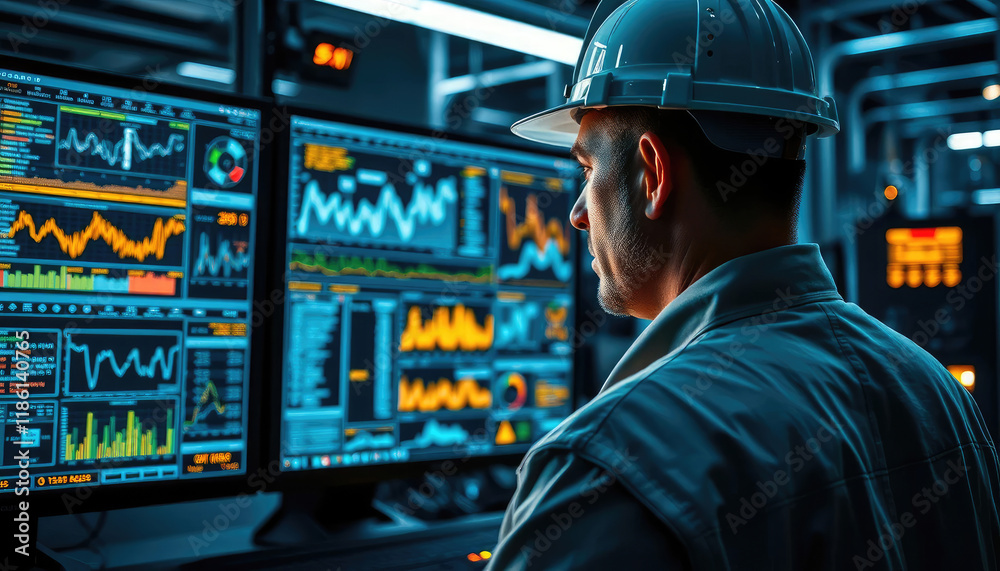 engineer inspecting in Control room on monitor screen at a modern industrial production line. engineer inspecting in Control room on monitor screen at a modern industrial production line.