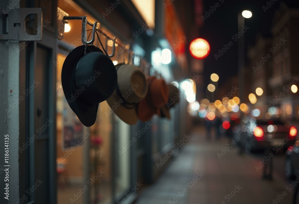 Fototapeta premium Row of black and brown fedoras hanging outside shop at night.