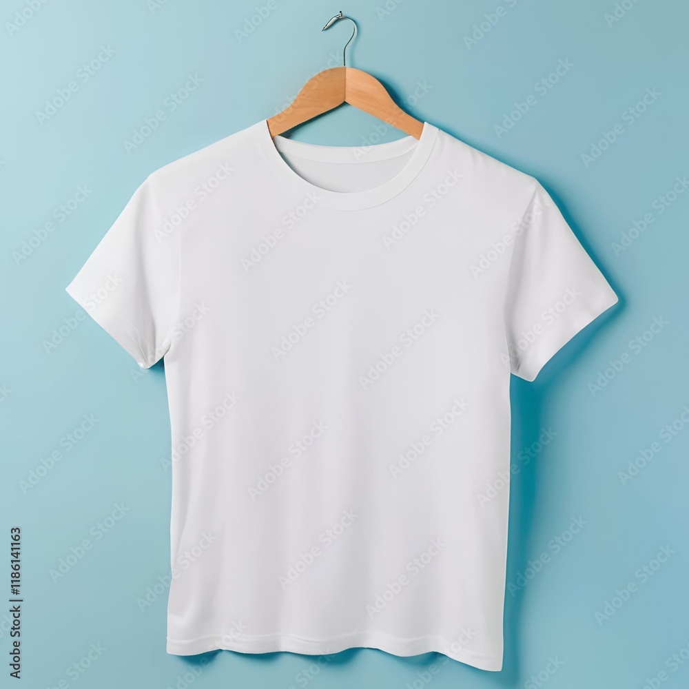 Blank white t-shirt mockup on light blue background. Blank white t-shirt mockup on light blue background.