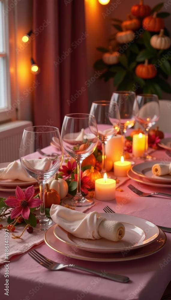Soft pink hues illuminate a bountiful Thanksgiving spread, glassware, tablecloth, Soft pink hues illuminate a bountiful Thanksgiving spread, glassware, tablecloth,