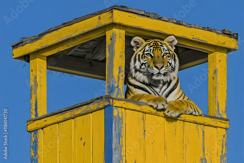 Majestic Tiger Perched in Yellow Watchtower, Serene Day photo