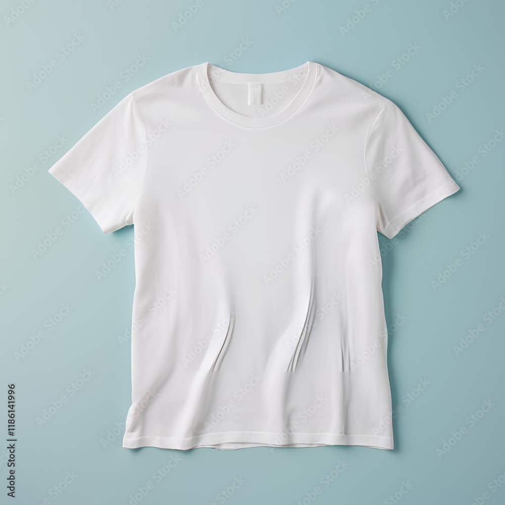 Blank white t-shirt mockup on light blue background. Blank white t-shirt mockup on light blue background.