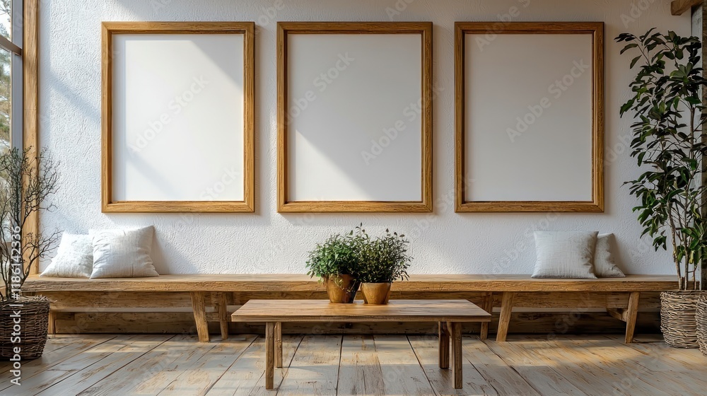 Fototapeta premium Minimalist interior with empty frames and plants.