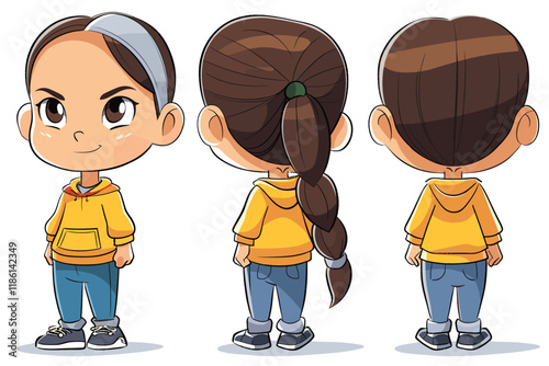 Cartoon girl with a yellow hoodie and blue jeans. She has a ponytail and a white headband