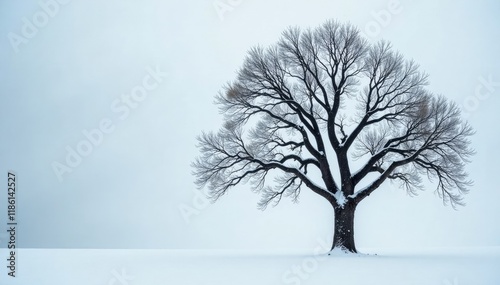The tree's limbs stretched towards the grey sky, snow, bare, limb