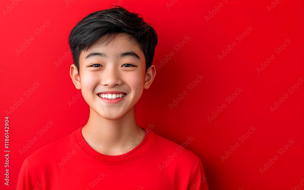 Portrait of handsome boy smiling against red backdrop.