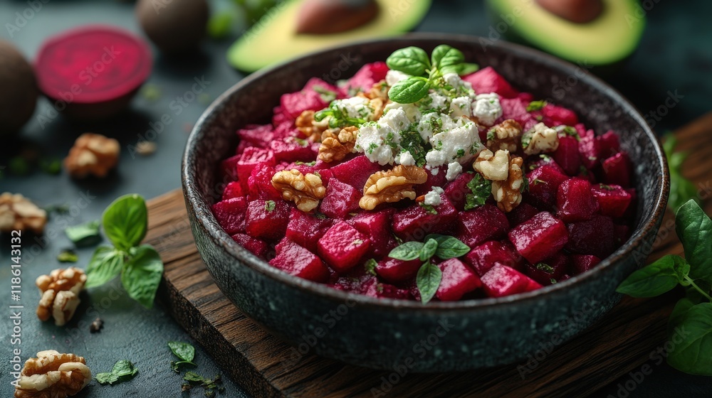 Top view of a vibrant Mediterranean roasted beet salad with creamy feta, walnuts, fresh herbs, and avocado slices on a dark rustic background Top view of a vibrant Mediterranean roasted beet salad with creamy feta, walnuts, fresh herbs, and avocado slices on a dark rustic background