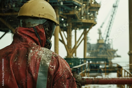 Worker in Coveralls Overlooking Offshore Oil Rig at Sunset photo