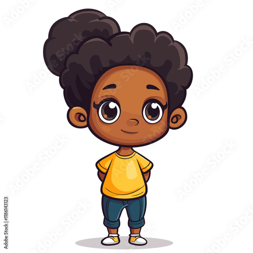 Cute little black girl with curly hair. Vector cartoon illustration.