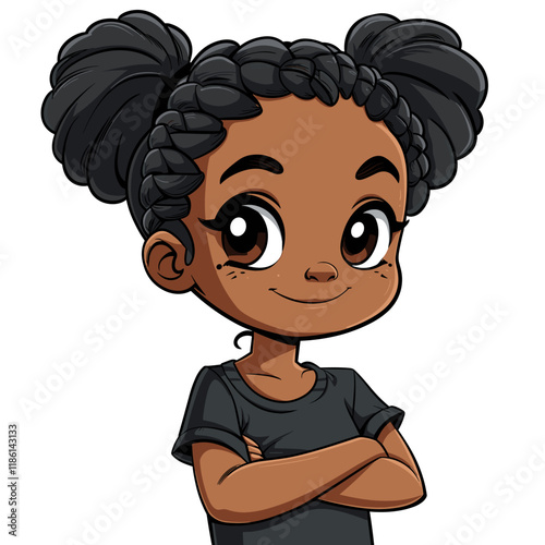 Cute little African American girl in a black t-shirt. Vector illustration