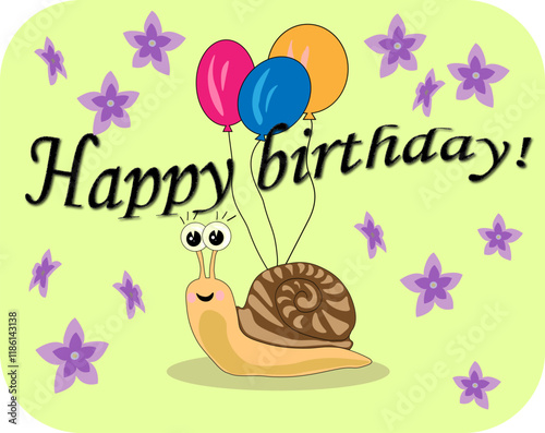Happy birthday greeting card with cute snail and flowers. Vector illustration.