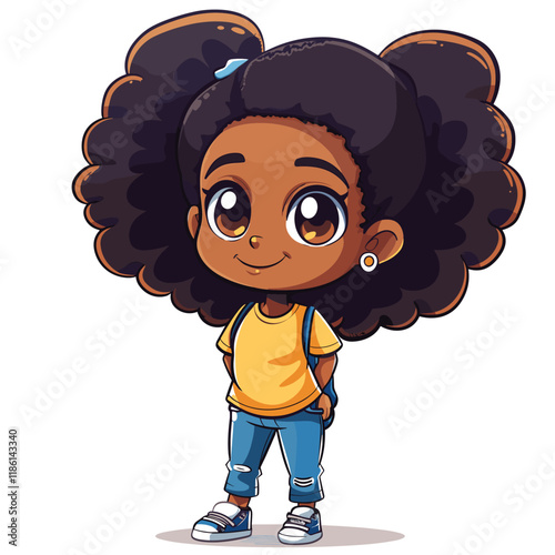 Cute African American girl with curly hair on white background illustration.