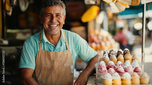 Smiling vendor standing near colorful ice cream cones display in vibrant outdoor market setting photo