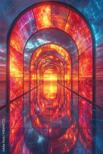 Endless corridor of colorful 3D cubes, reflecting vibrant shades of pink, orange, and blue, illuminated by a glowing sunset in the background, with a polished reflective floor, photo