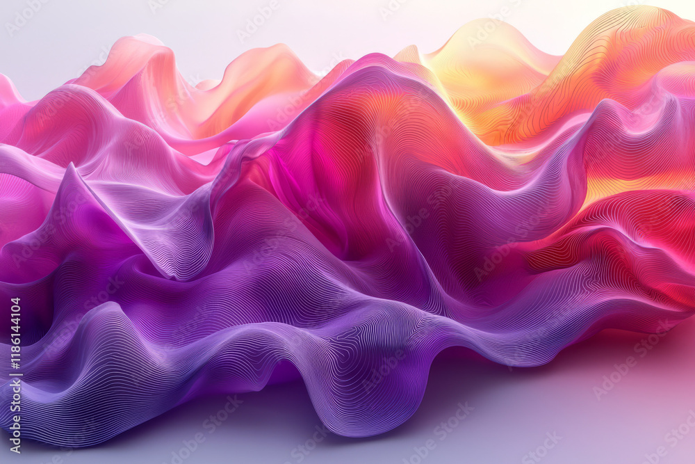 Obraz premium Abstract undulating 3D shapes with a soft purple and pink gradient, featuring fine black contour lines that emphasize the flowing geometry,