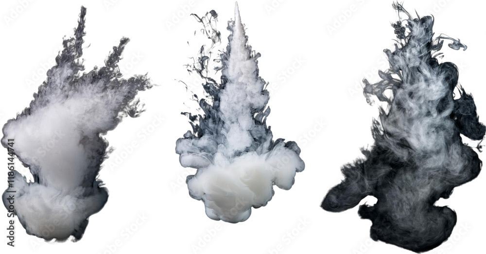 Fototapeta premium Abstract white smoke explosions three dynamic vapor clouds isolated transparent background