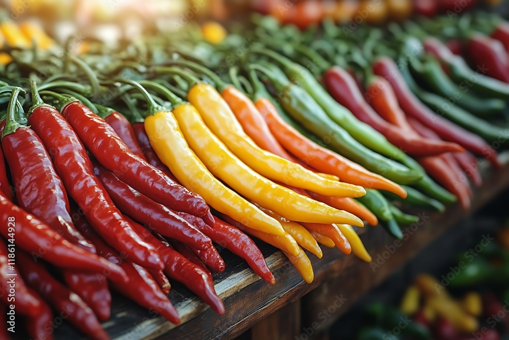 Vibrant chili peppers in red, yellow, orange, and green create a colorful display at a local market. Vibrant chili peppers in red, yellow, orange, and green create a colorful display at a local market.