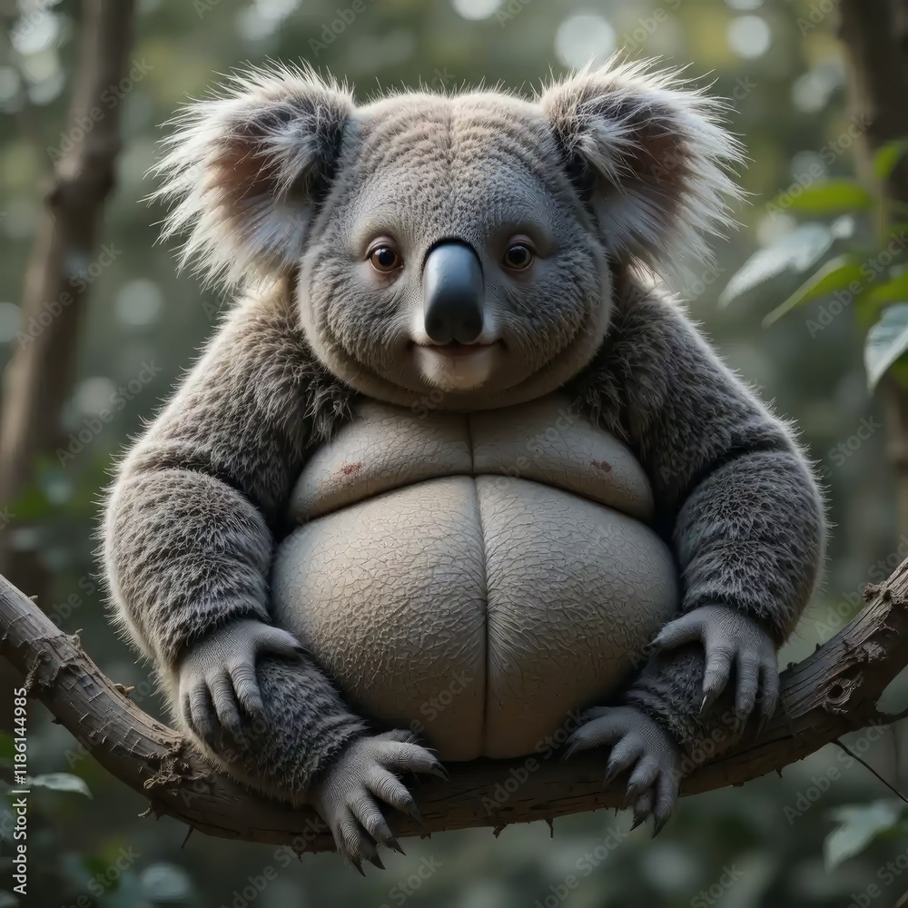Obraz premium Adorable Overweight Koala Bear Relaxing on a Tree Branch in a Lush Forest Habitat
