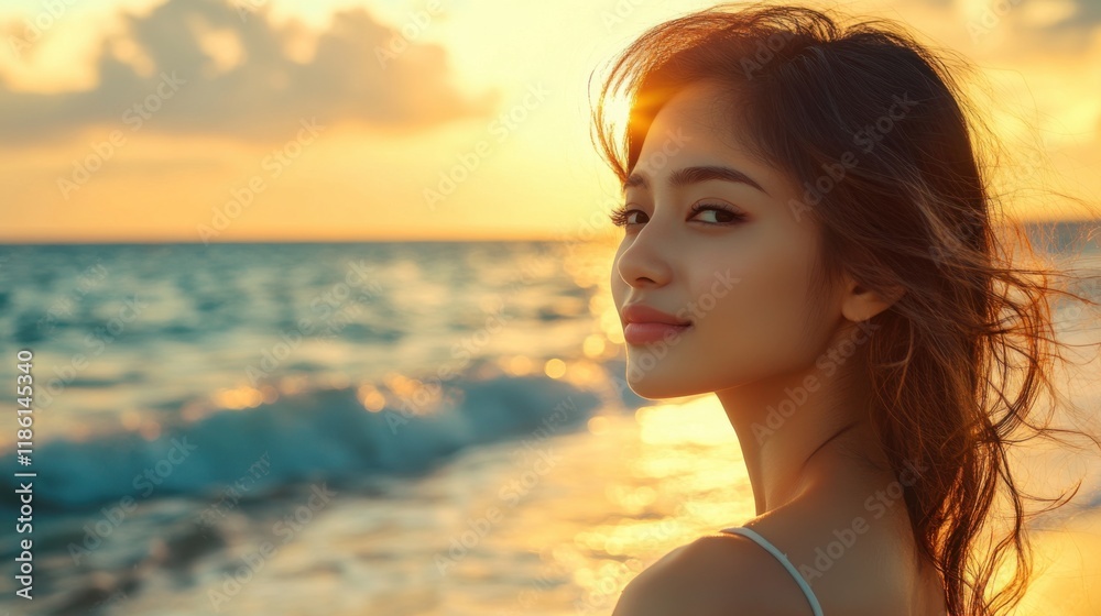 Serene asian woman enjoying sunset by the ocean on a tropical beach Serene asian woman enjoying sunset by the ocean on a tropical beach